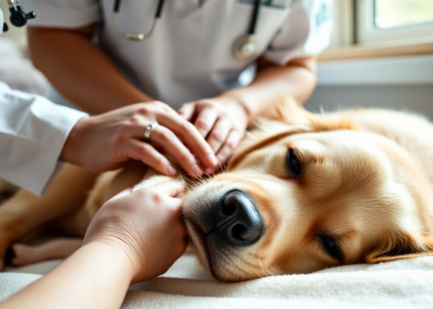 Manos del veterinario explorando con calma a un perro